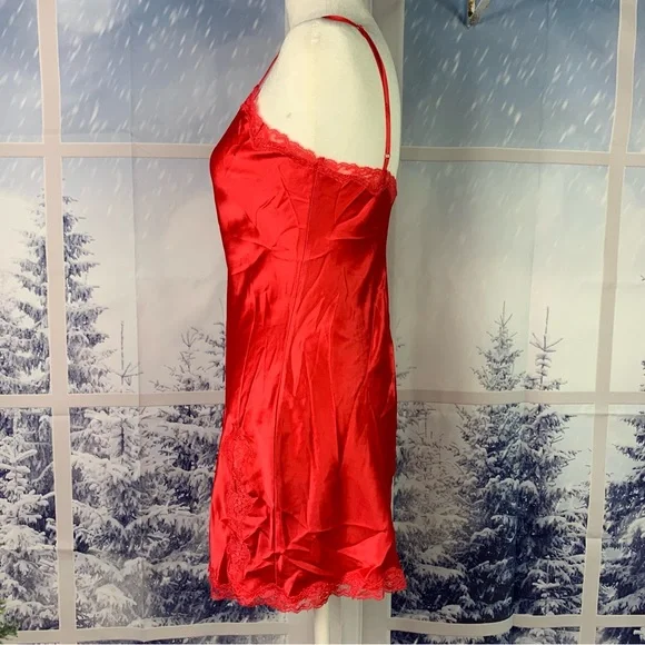 Victoria’s Secret Red Satin Lace Accent Split Babydoll Slip Dress Nightgown - Picture 6 of 14